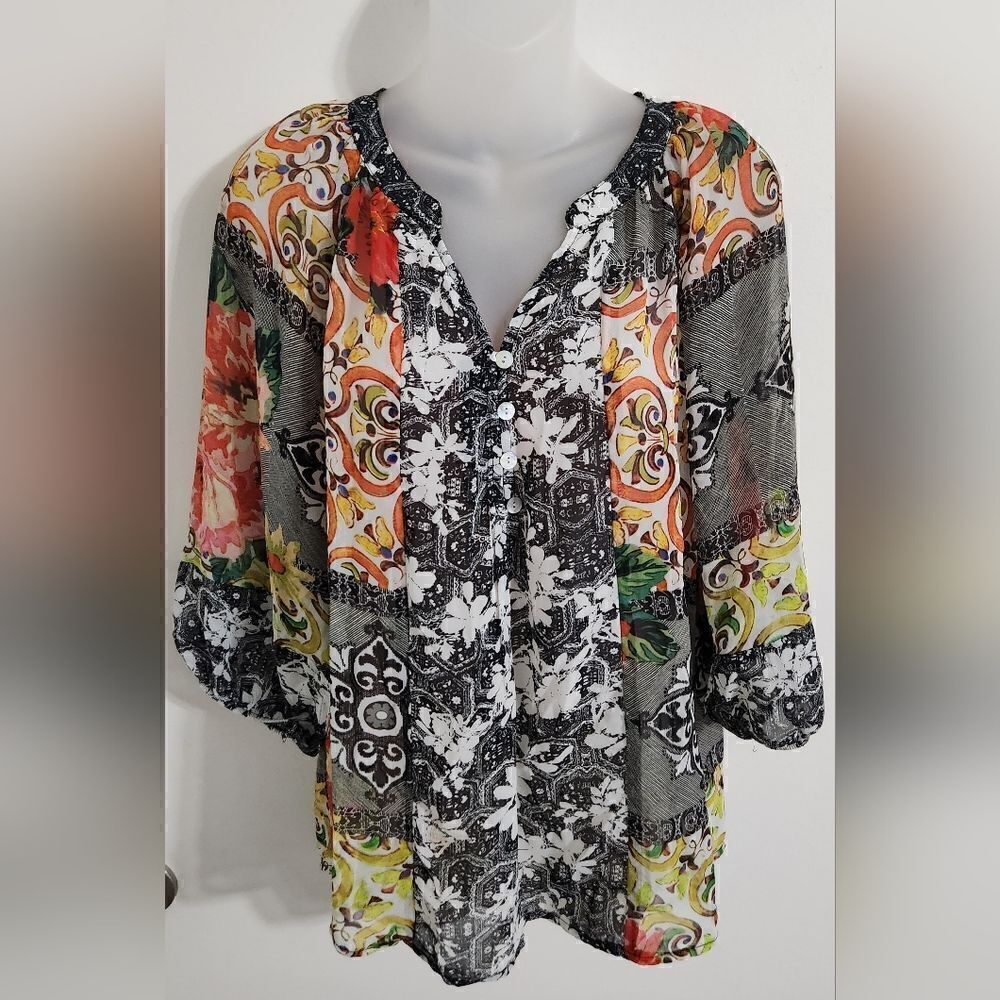 Anthropologie Fig and Flower Size S Boho Paisley pullover Top Sheer 3/4 sleeve